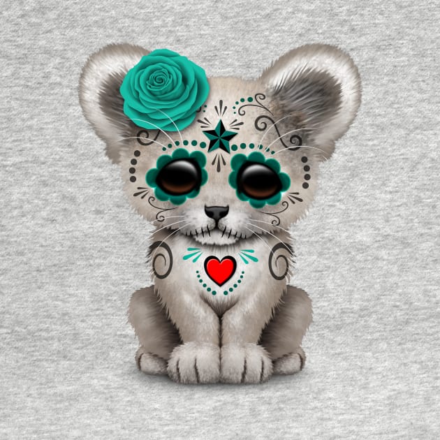 Teal Blue Day of the Dead Sugar Skull White Lion Cub by jeffbartels